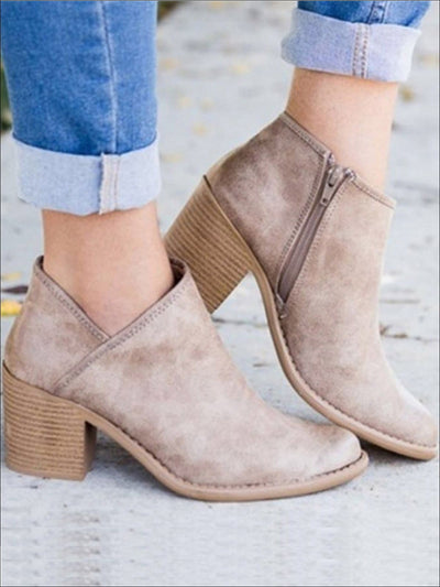 Womens Casual Block Mid Heels Retro Ankle Boots - Beige / 35 - Womens Boots