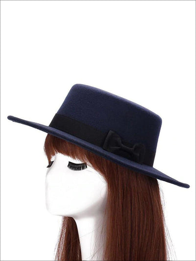 Womens Casual Cashmere Bow Tie Fedora Hat ( 6 Color Options) - Navy - Womens Hats