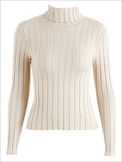 Womens Casual Knit Turtleneck Long Sleeve Sweater - Beige / S/M - Womens Fall Sweaters