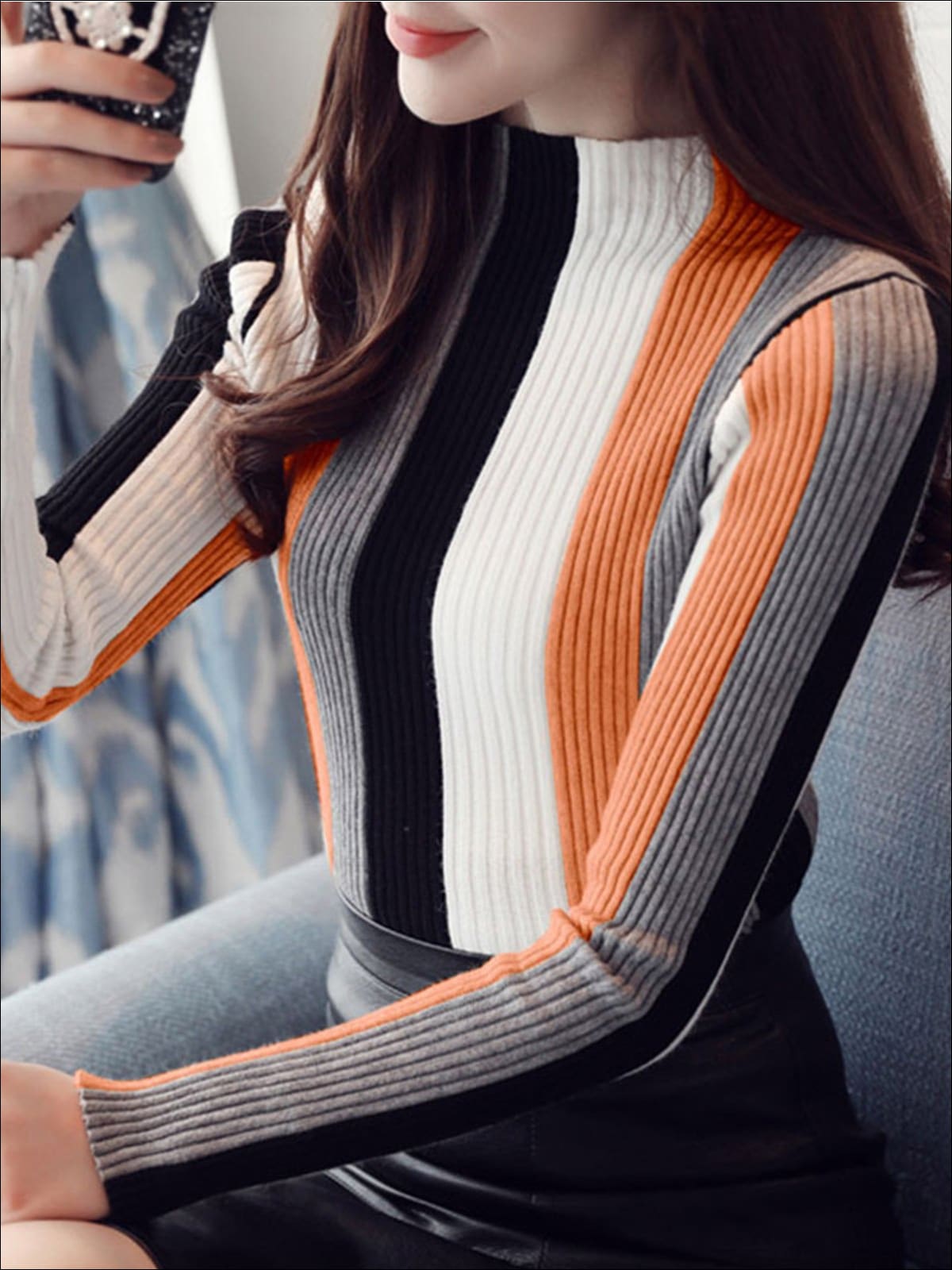 Womens Casual Knit Vertical Striped Sweater - Orange / S - Womens Fall Sweaters