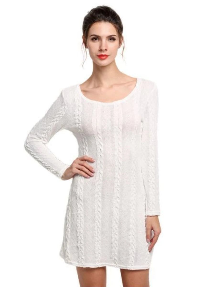 Womens Casual Long Sleeve Sweater Dress - White / S - Womens Fall Dresses