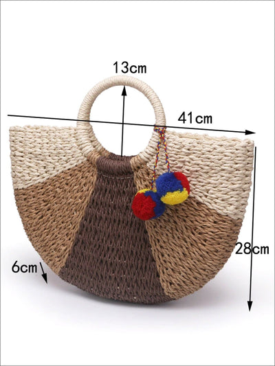 Womens Casual Semi-Circle Patchwork Pompom Wicker Handbag - Womens Accessories