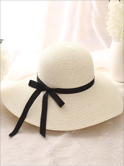 Womens Casual Straw Hat With Black Ribbon - Beige - Womens Accessories