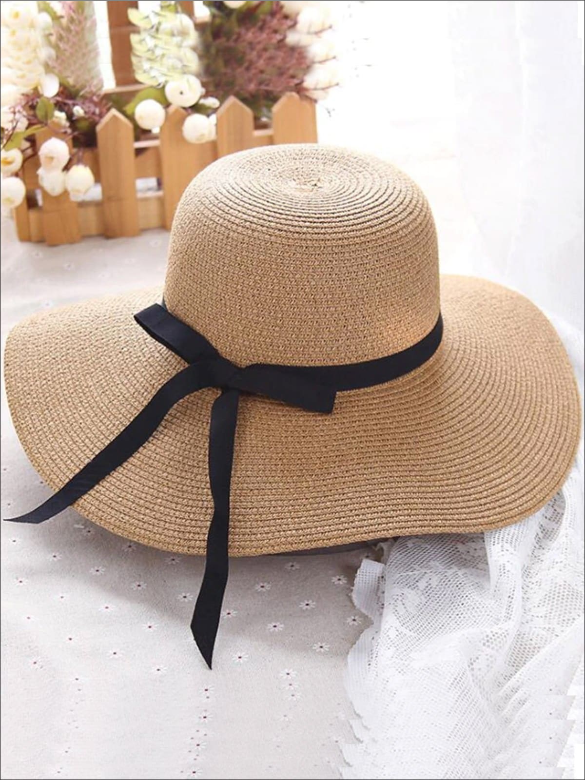 Womens Casual Straw Hat With Black Ribbon - Brown - Womens Accessories