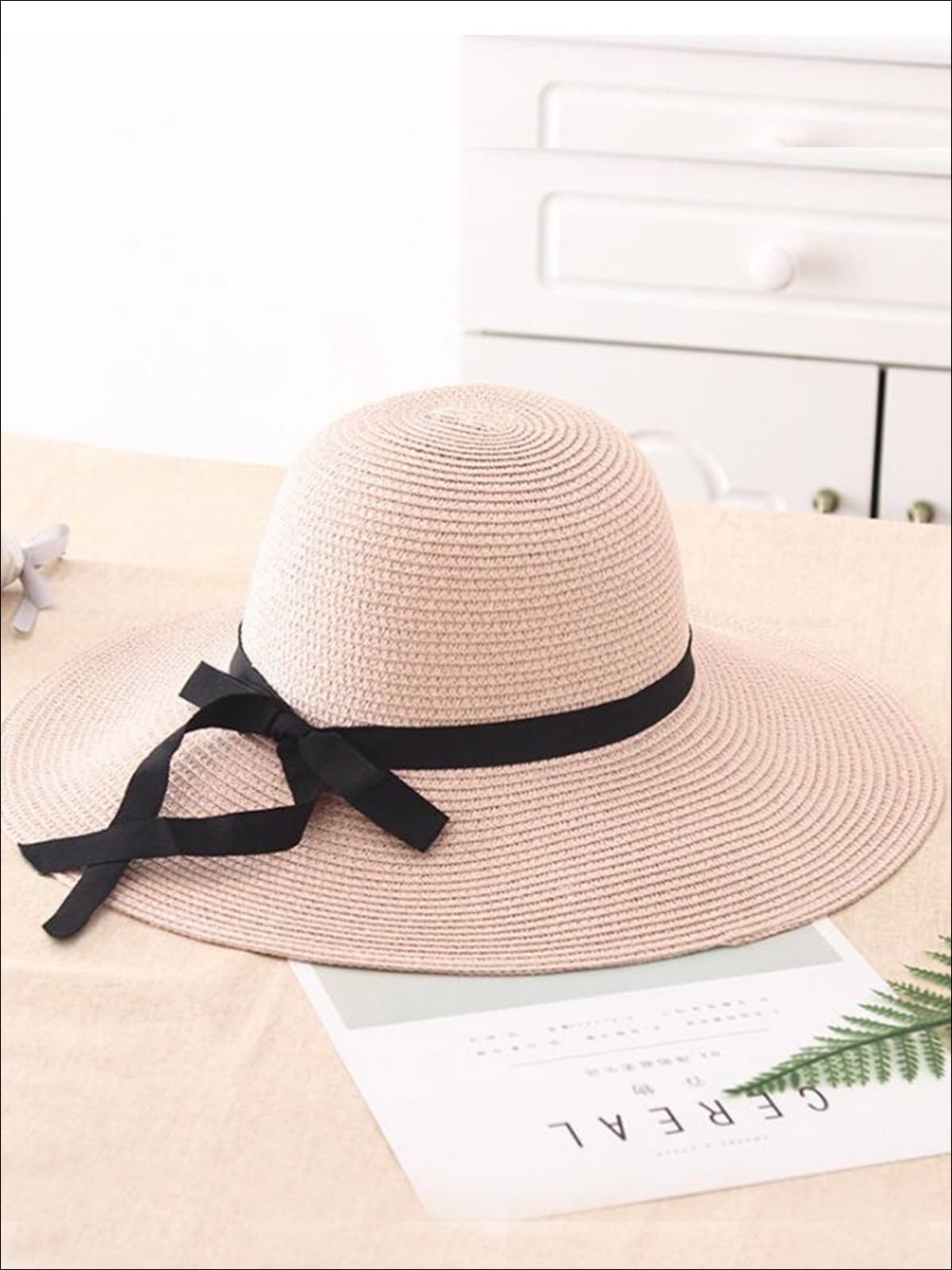 Womens Casual Straw Hat With Black Ribbon - Pink - Womens Accessories
