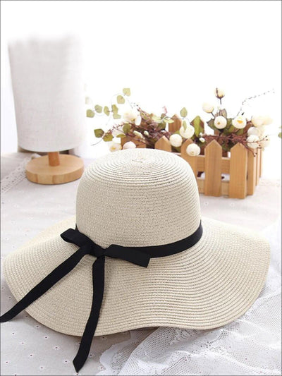 Womens Casual Straw Hat With Black Ribbon - White - Womens Accessories