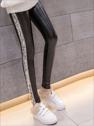 Womens Classic Side Sequined Synthetic Leather Leggings - Womens Bottoms
