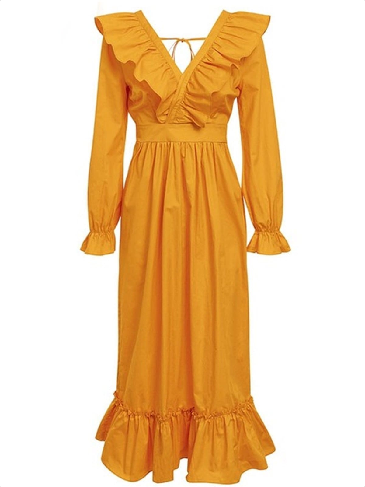 Womens Classic V-Neck High Waist Ruffled Dress - Yellow / S - Womens Dresses