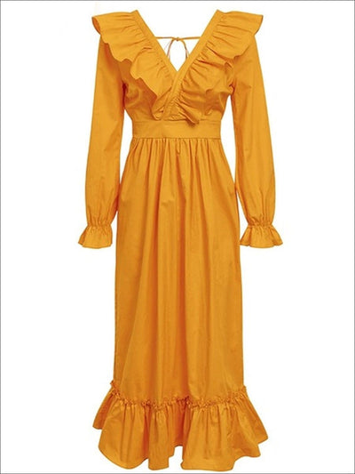 Womens Classic V-Neck High Waist Ruffled Dress - Yellow / S - Womens Dresses