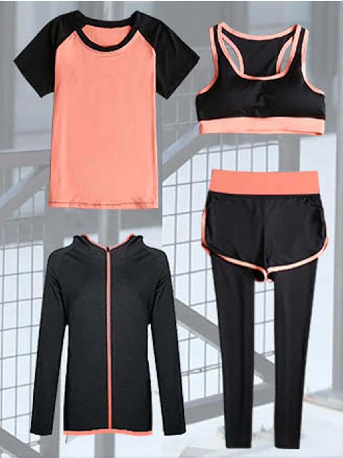 Womens Contrast Panel Quick Dry Activewear Set - Orange 4pc Set / S - Womens Activewear