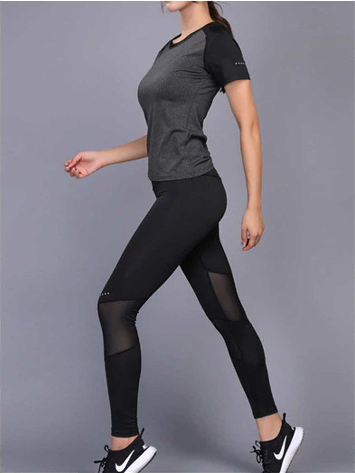 Womens Contrast Panel Workout Top & Leggings Set - Black / S - Womens Activewear