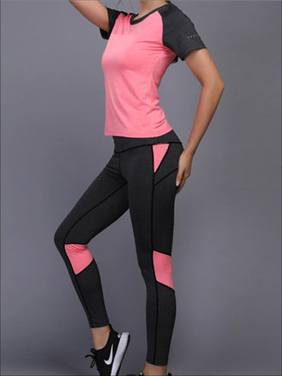 Womens Contrast Panel Workout Top & Leggings Set - Pink / S - Womens Activewear