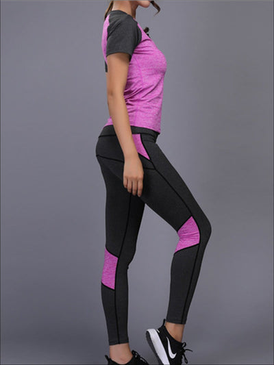 Womens Contrast Panel Workout Top & Leggings Set - Purple / S - Womens Activewear