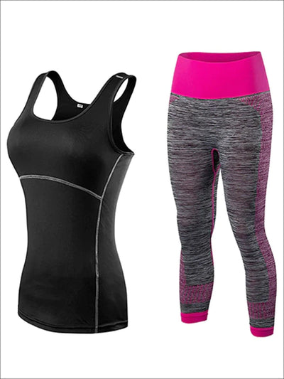 Womens Contrast Stitch Racerback Marled Capri Leggings Set - Black/Pink / S - Womens Activewear