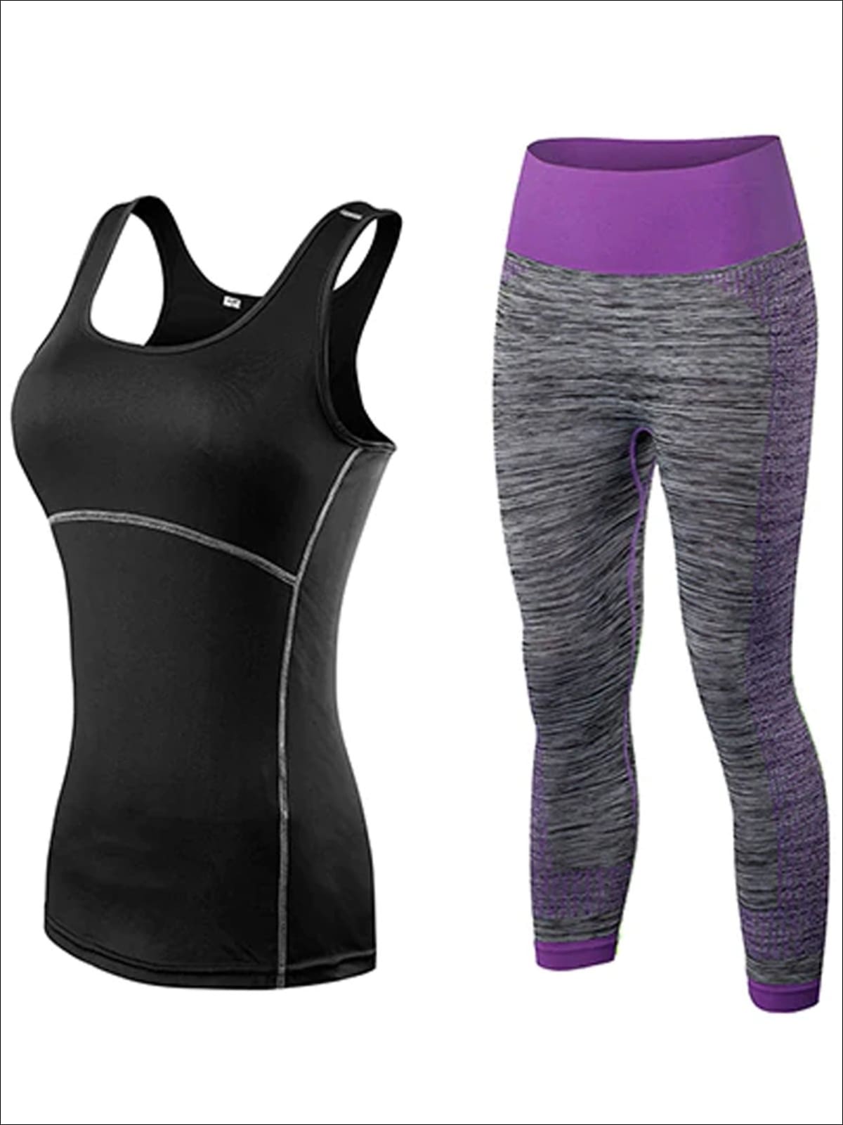 Womens Contrast Stitch Racerback Marled Capri Leggings Set - Black/Purple / S - Womens Activewear