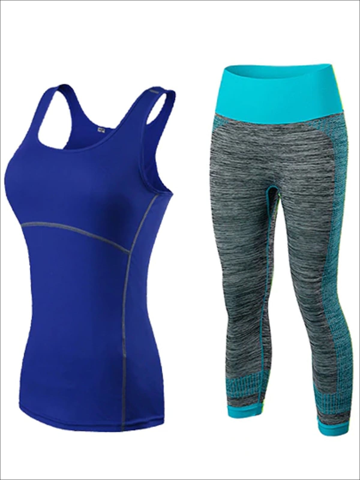 Womens Contrast Stitch Racerback Marled Capri Leggings Set - Blue / S - Womens Activewear