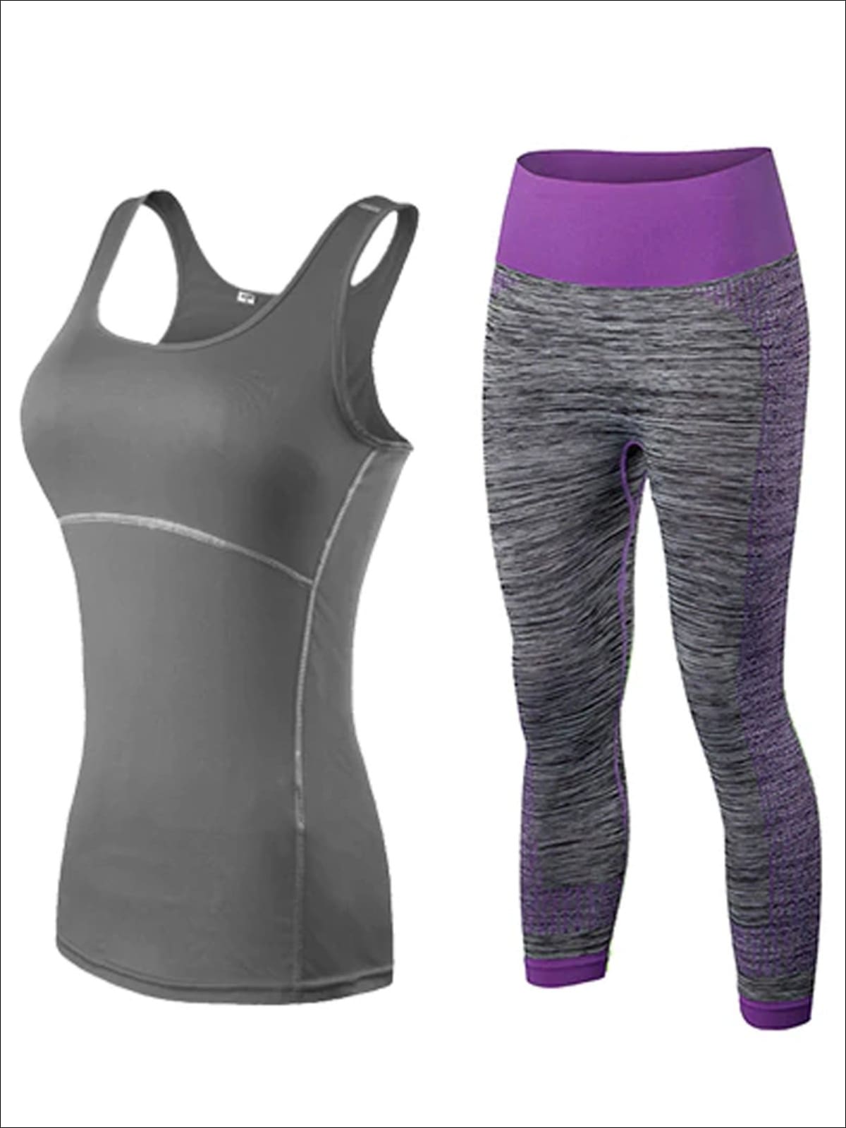 Womens Contrast Stitch Racerback Marled Capri Leggings Set - Grey/Purple / S - Womens Activewear
