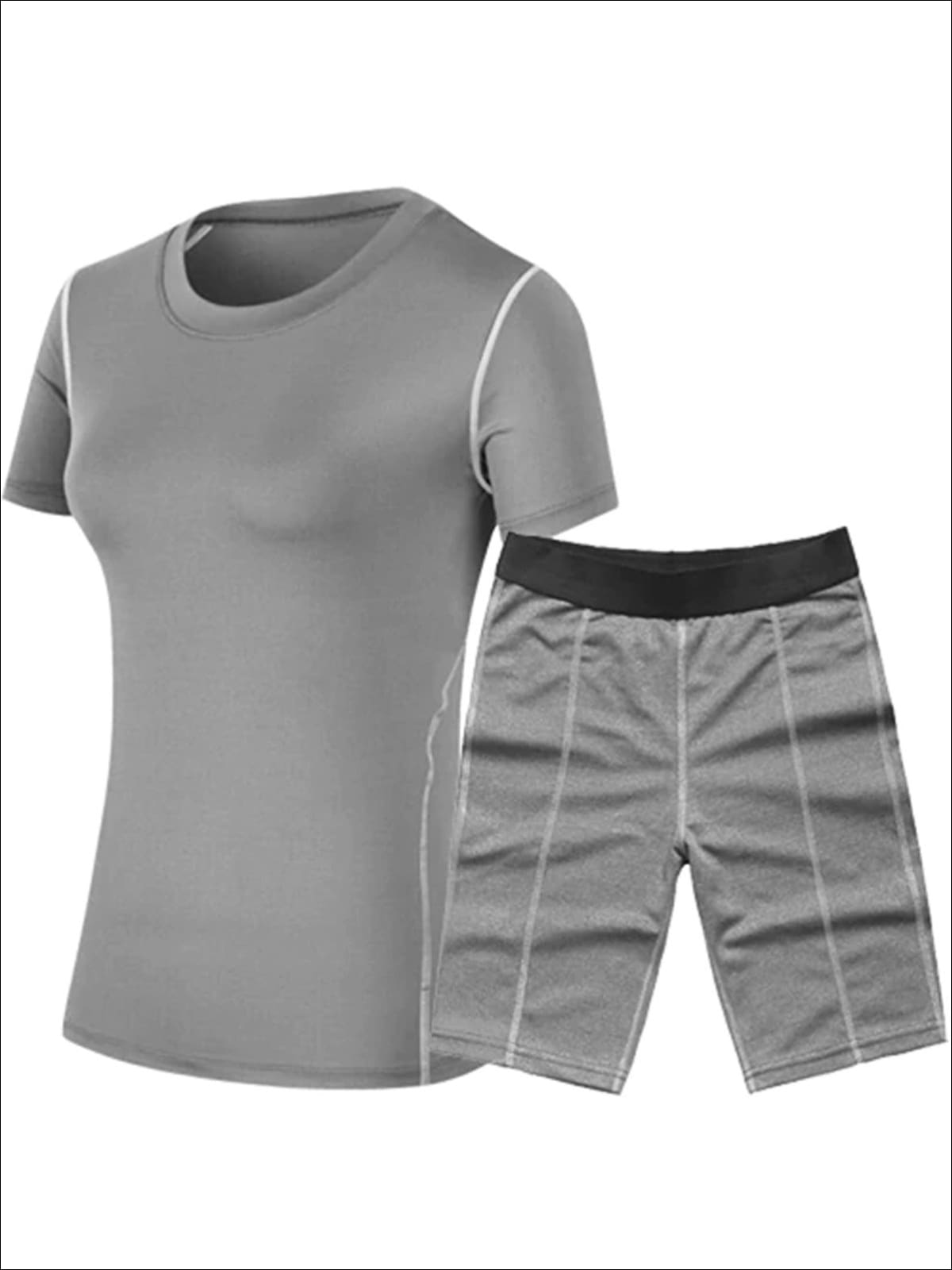 Womens Contrast Stitch Workout Top & Cycling Shorts Set - Gray / S - Womens Activewear
