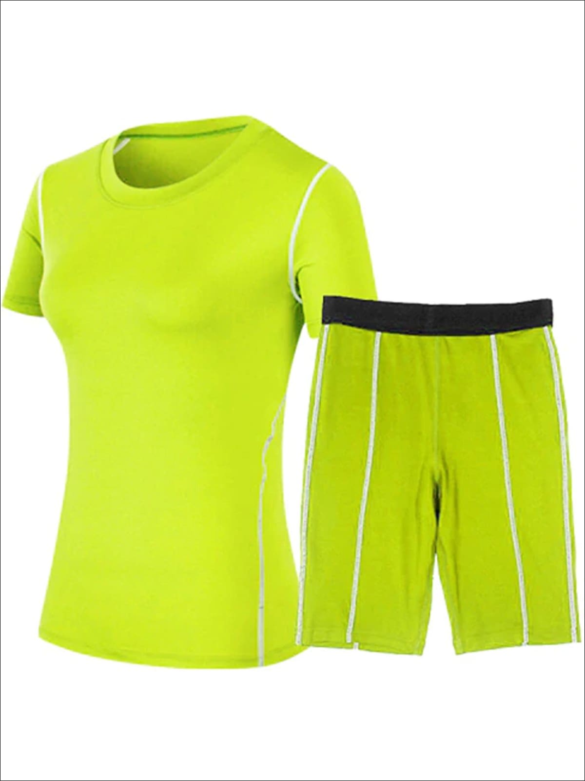 Womens Contrast Stitch Workout Top & Cycling Shorts Set - Green / S - Womens Activewear