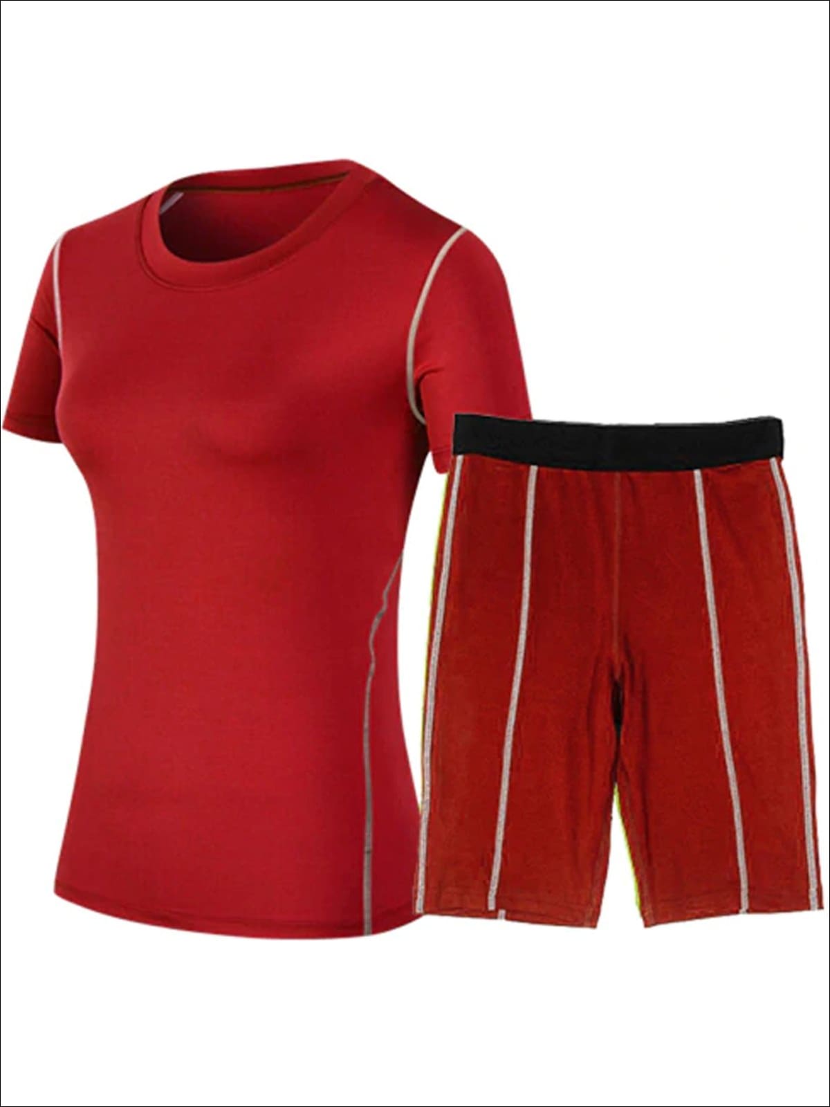 Womens Contrast Stitch Workout Top & Cycling Shorts Set - Red / S - Womens Activewear