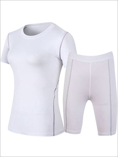 Womens Contrast Stitch Workout Top & Cycling Shorts Set - White / S - Womens Activewear