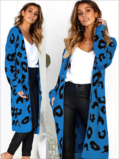 Womens Cotton Leopard Print Fall Cardigan - Blue / S - Womens Fall Outerwear