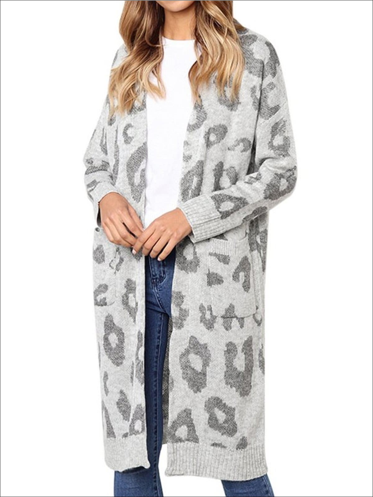 Womens Cotton Leopard Print Fall Cardigan - Gray / S - Womens Fall Outerwear