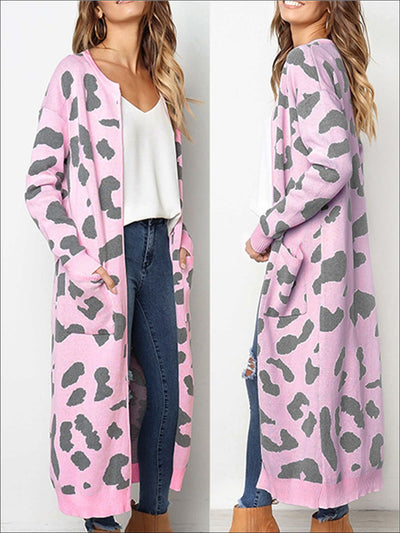 Womens Cotton Leopard Print Fall Cardigan - Pink / S - Womens Fall Outerwear