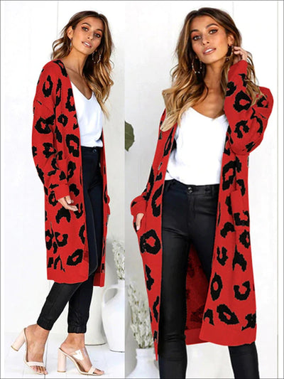 Womens Cotton Leopard Print Fall Cardigan - Red / S - Womens Fall Outerwear