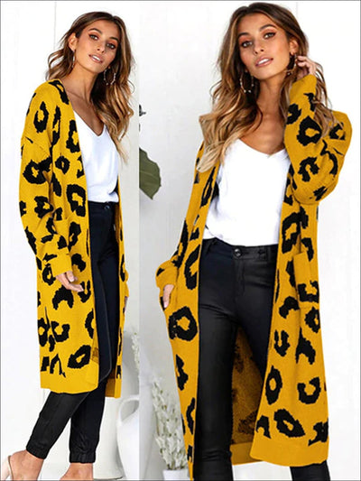 Womens Cotton Leopard Print Fall Cardigan - Yellow / S - Womens Fall Outerwear