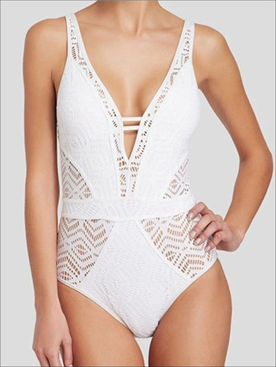 Womens Crochet Hollow Out Backless One Piece Swimsuit - White / S - Womens Swimsuit