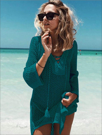 Womens Crochet Tassel Beach Cover Up - Green / One Size - Womens Swimsuit