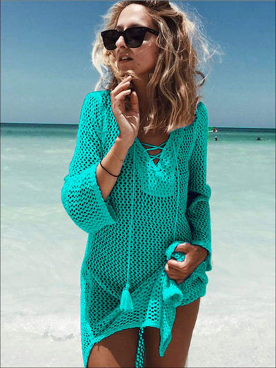 Womens Crochet Tassel Beach Cover Up - Mint / One Size - Womens Swimsuit
