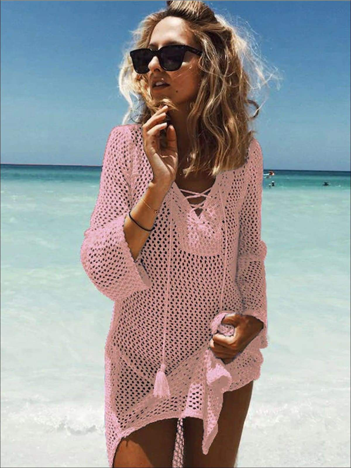 Womens Crochet Tassel Beach Cover Up - Pink / One Size - Womens Swimsuit