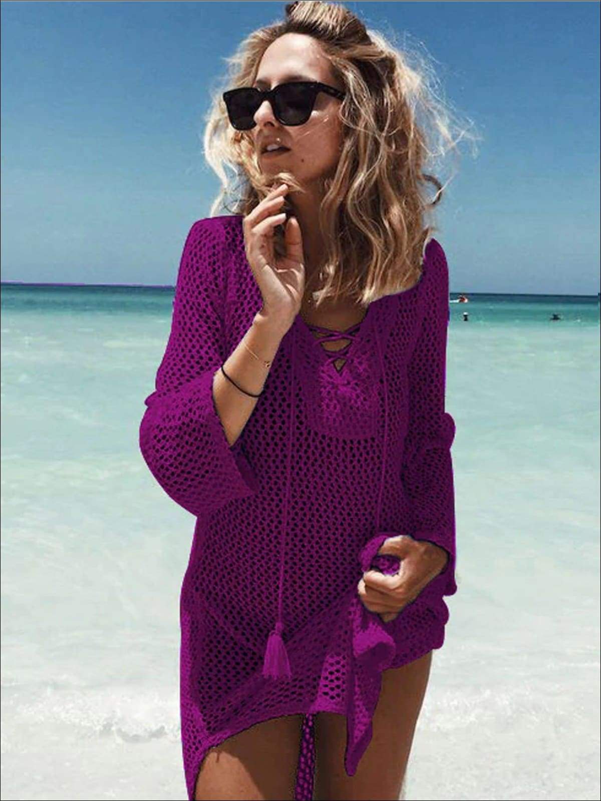 Womens Crochet Tassel Beach Cover Up - Purple / One Size - Womens Swimsuit