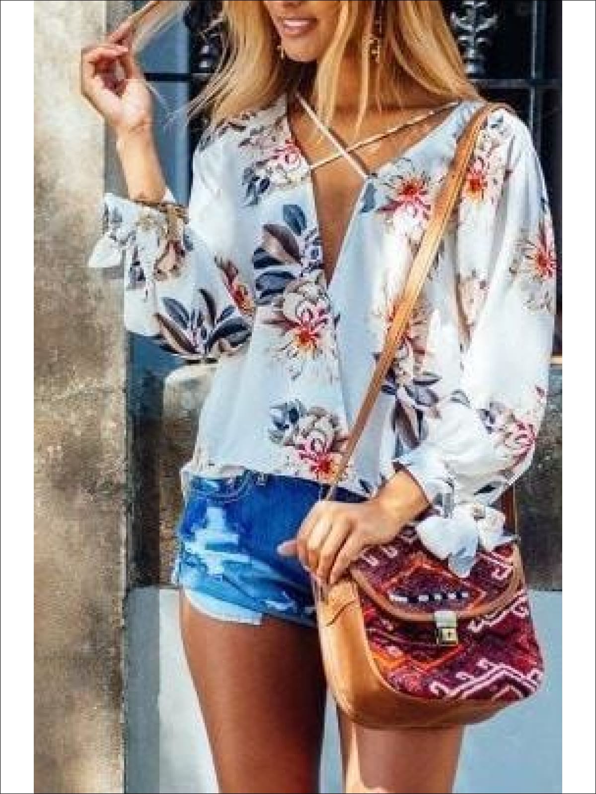 Womens Cross Neck White Floral Blouse - white / XL - Womens Tops