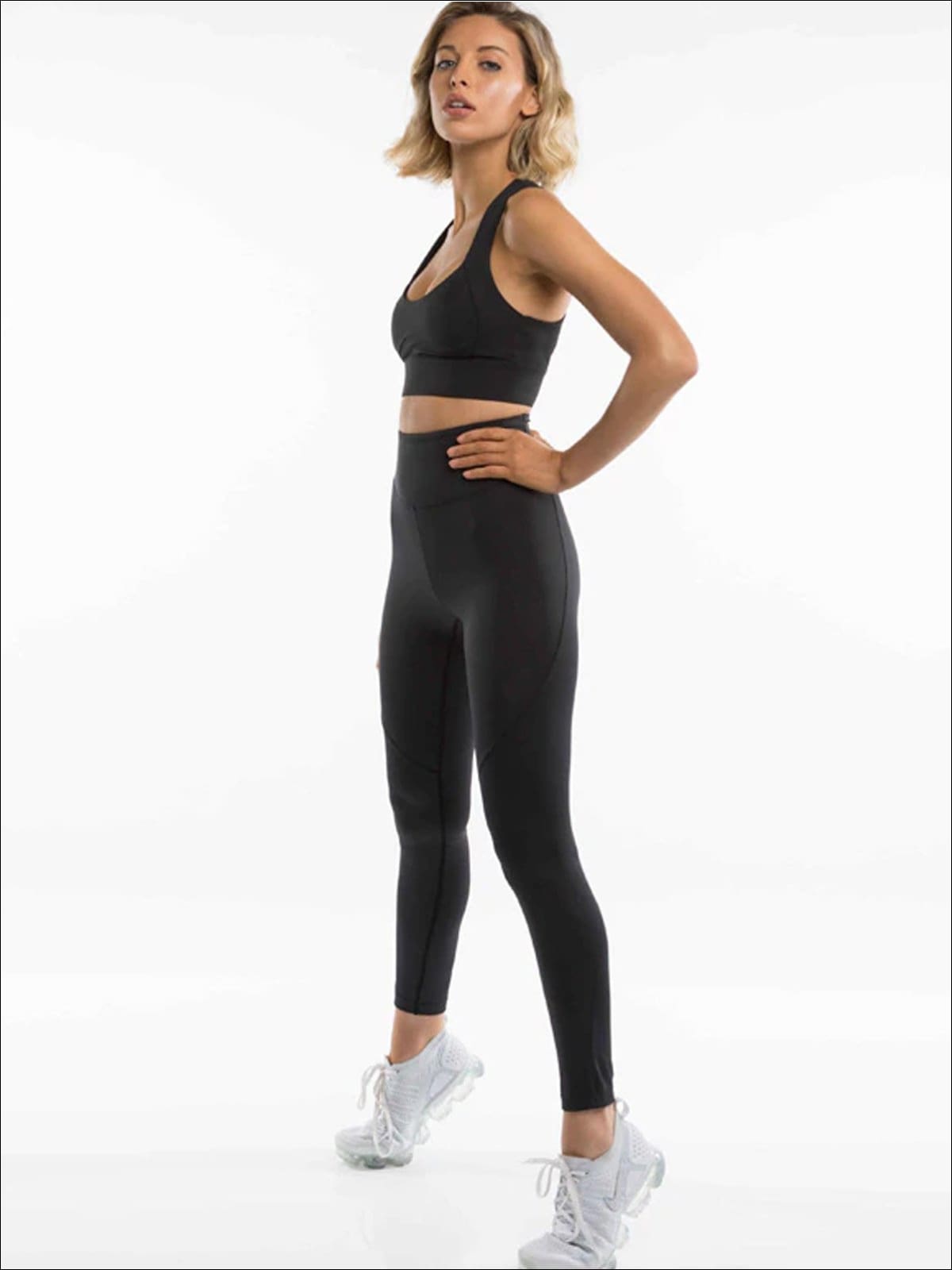 Womens Cut-Out Back Detail Sports Bra & High-Rise Leggings Set - Black / S - Womens Activewear