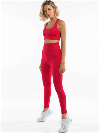 Womens Cut-Out Back Detail Sports Bra & High-Rise Leggings Set - Red / S - Womens Activewear