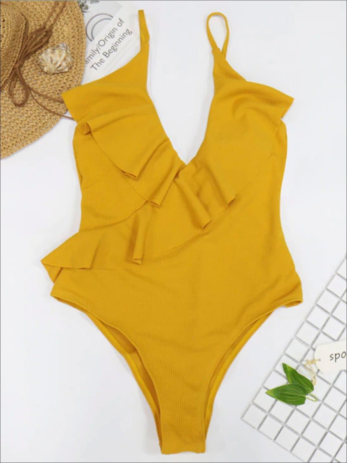 Womens Deep V-Neck Ruffled One Piece Swimsuit - Yellow / S - Womens Swimsuit