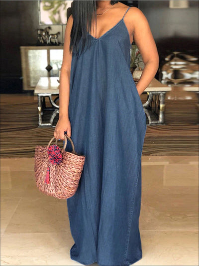 Womens Denim Plus Size Maxi Dress With Side Pocket - Dark Blue / S - Womens Dresses