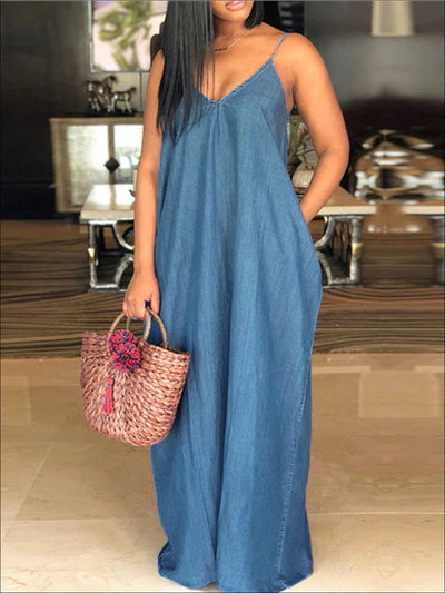 Womens Denim Plus Size Maxi Dress With Side Pocket - Light Blue / S - Womens Dresses