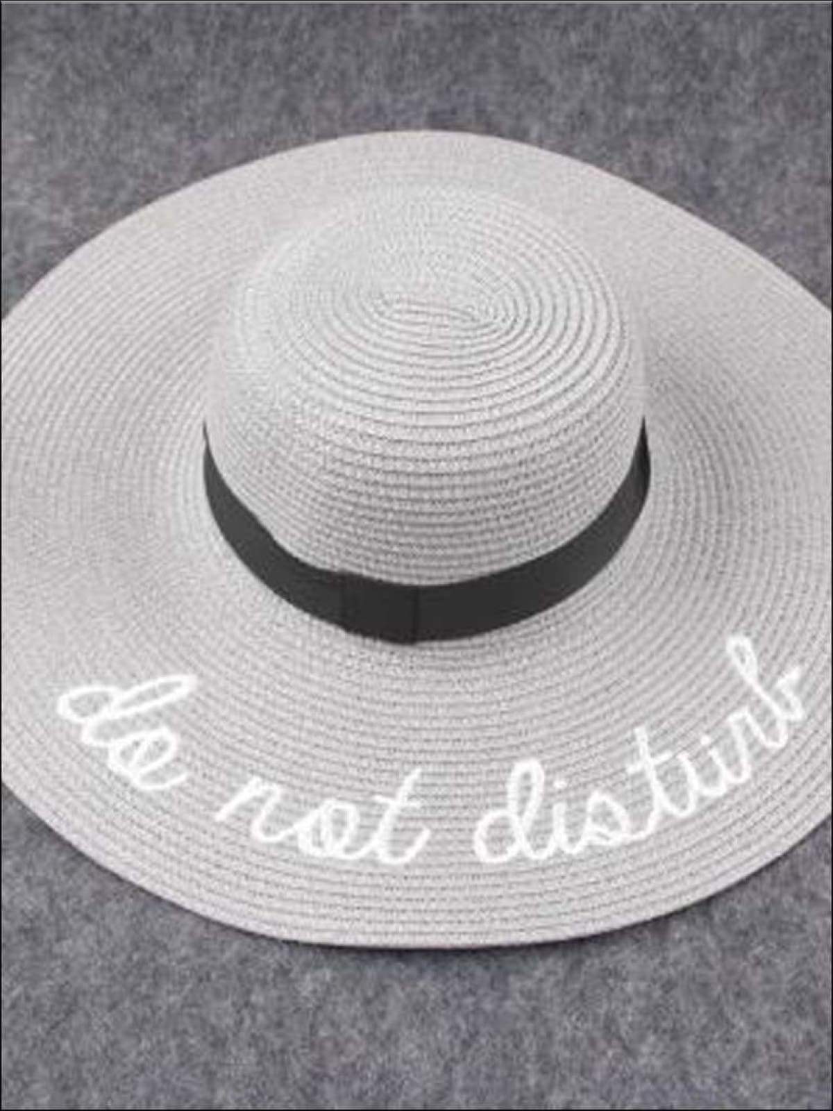 Womens Do Not Disturb Embroidered Straw Beach Hat - Grey - Womens Accessories