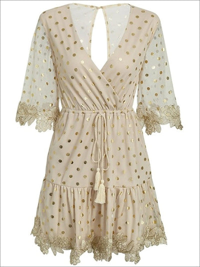 Womens Dotted Flare Sleeve Drawstring Mesh Wrap Dress - Gold / XS - Womens Dresses