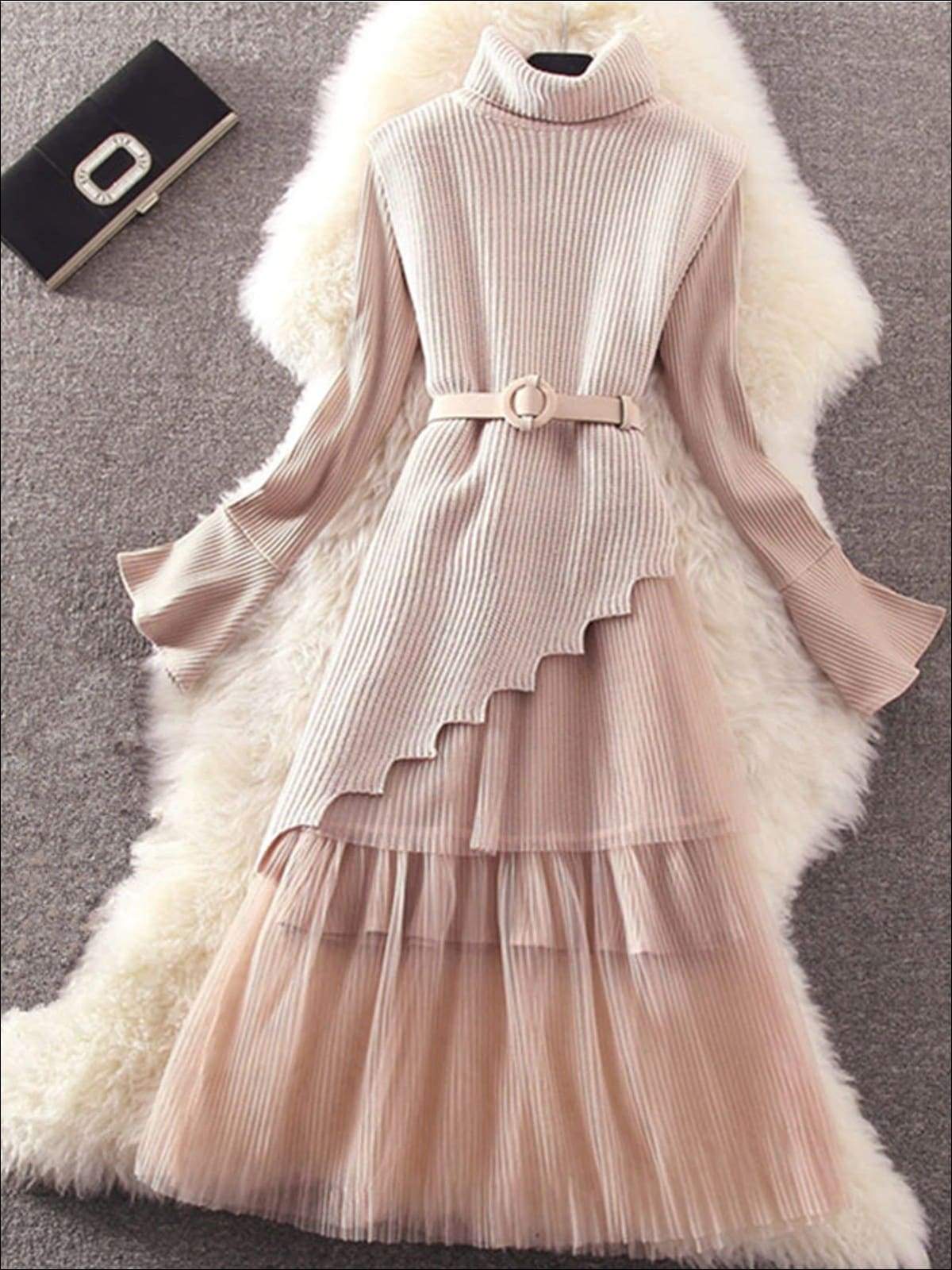 Womens Elegant Pleated Mesh Belted Sweater Dress - Pink / One Size - Womens Fall Dresses