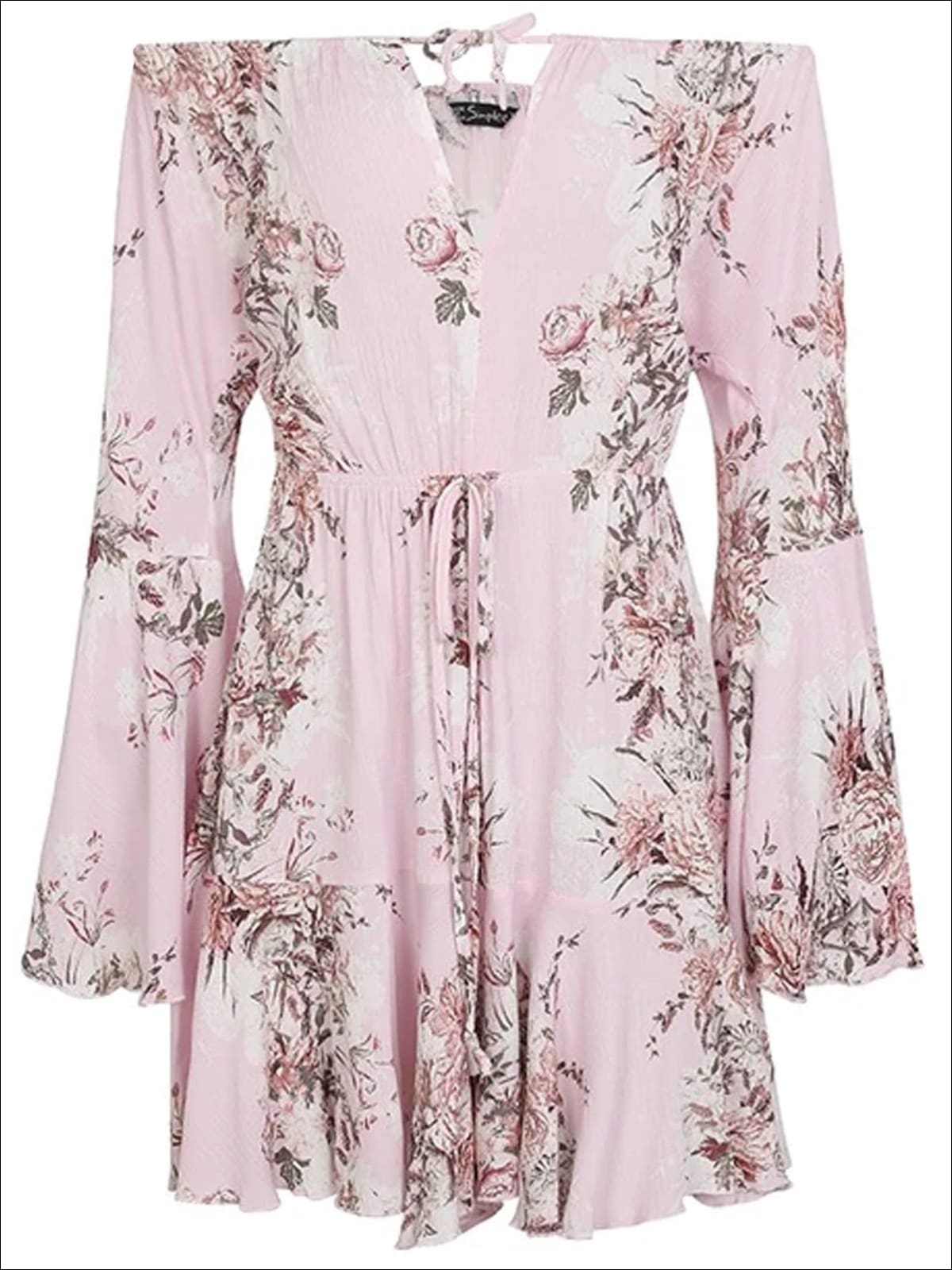 Womens Embroidered Flare Sleeve Off The Shoulder Dress - Pink Printed / S - Womens Dresses