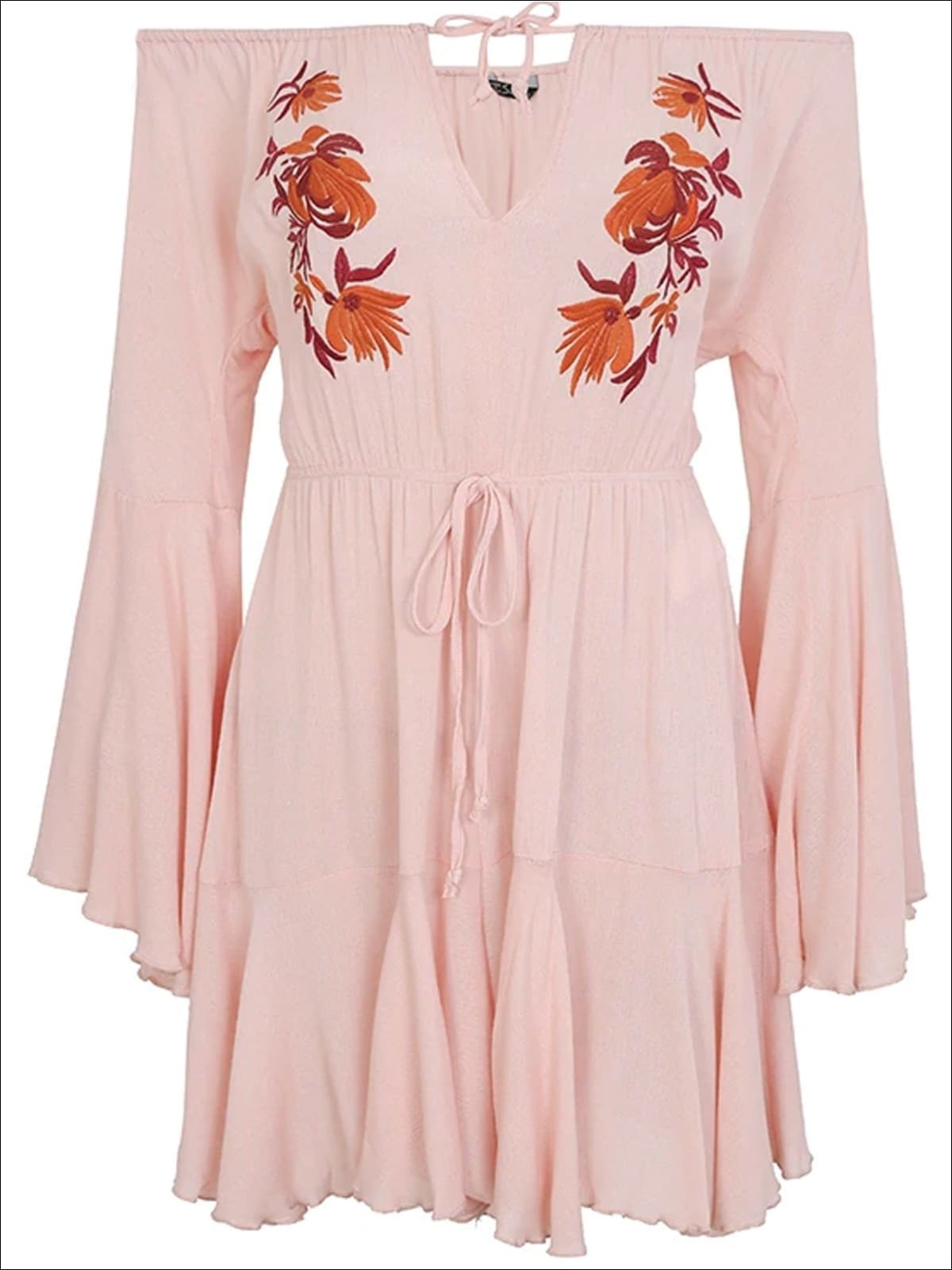 Womens Embroidered Flare Sleeve Off The Shoulder Dress - Pink / S - Womens Dresses