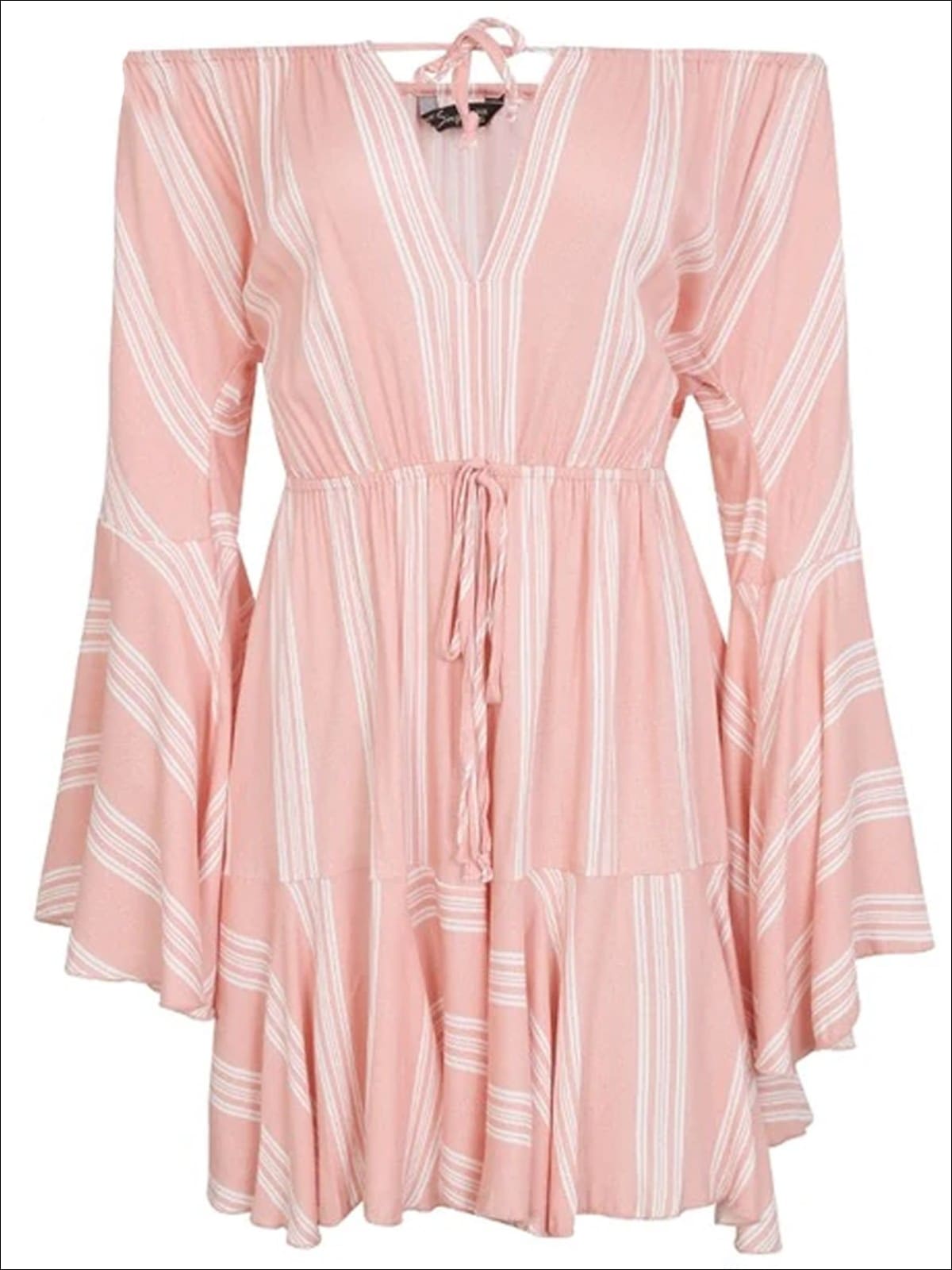 Womens Embroidered Flare Sleeve Off The Shoulder Dress - Pink Striped / S - Womens Dresses
