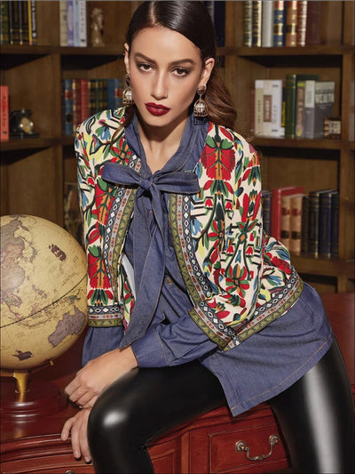 Womens Embroidered Tribal Print Jacket - Womens Fall Outerwear