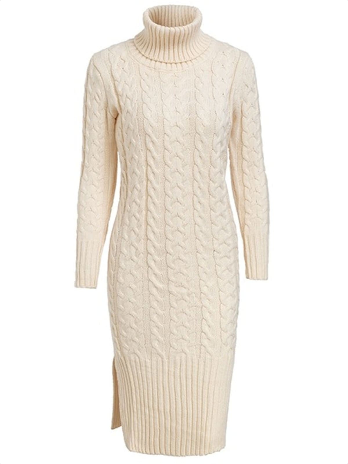 Womens Fall Cable Knit Turtleneck Sweater Dress - Beige / One Size - Womens Fall Dresses