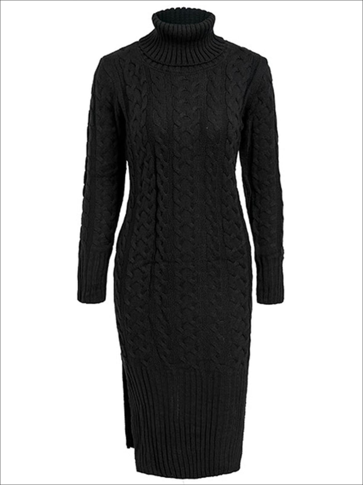 Womens Fall Cable Knit Turtleneck Sweater Dress - Black / One Size - Womens Fall Dresses